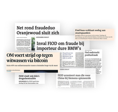 Verschillende krantenkoppen met de titels: Net rond fraudeduo oranjewoud sluit zich aan, OM voert strijd op tegen witwassen via bitcoin, FIOD- baas verklaart oorlog aan zwartspaarders, etc.